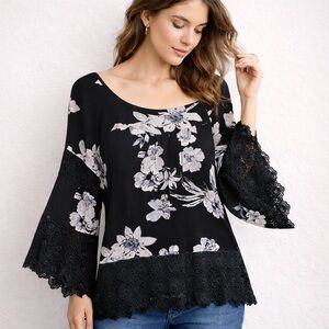 Curations XL Black Floral Lace Trim Boho Blouse Flowy Bell Sleeve Top